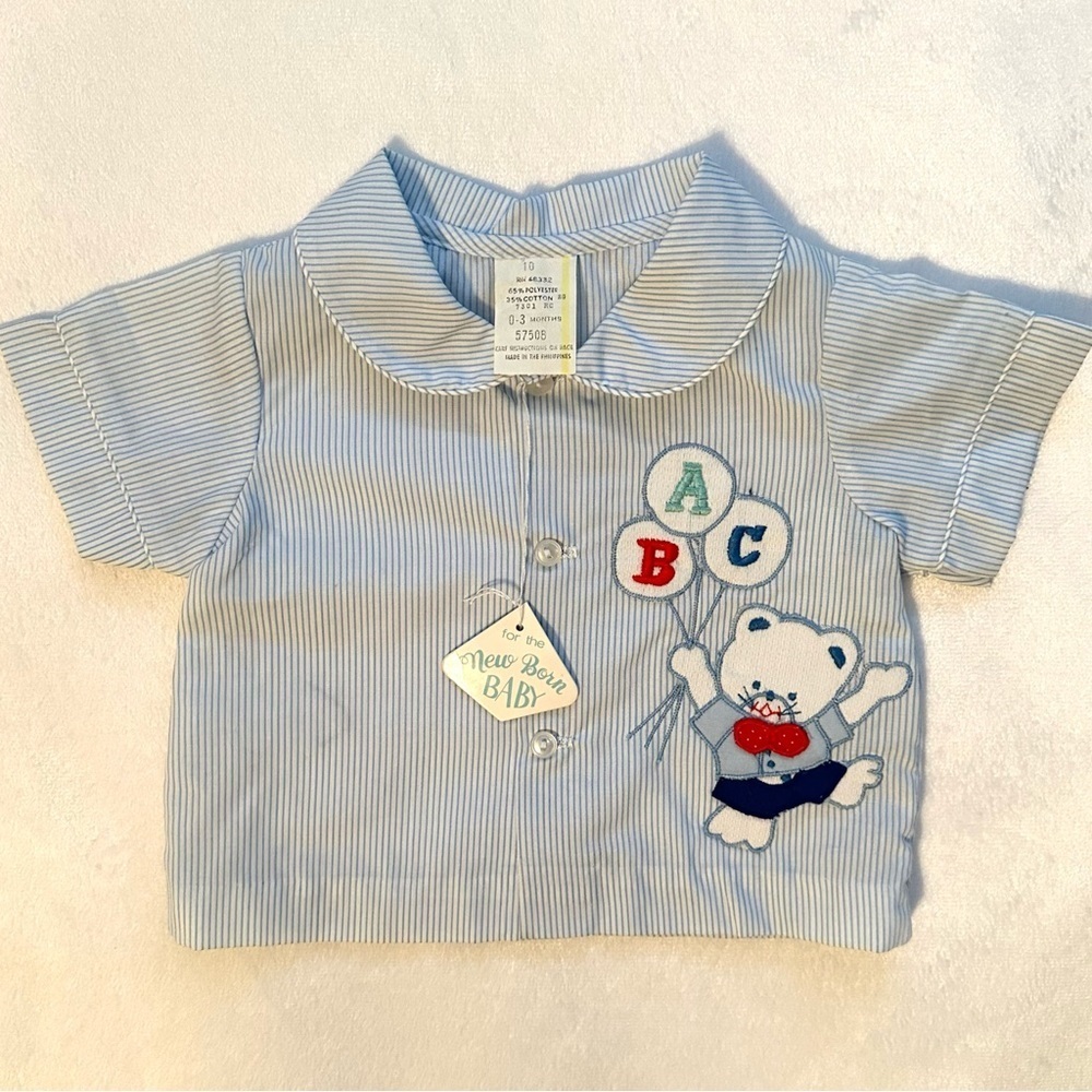Vintage Baby Boy Stripe Collar Shirt 0-3M Embroidered Bear ABC Balloons NWT